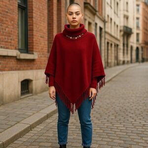 Sweater Knit Poncho Cape Asymmetrical Fringe Hem Pullover Solid Red One Size